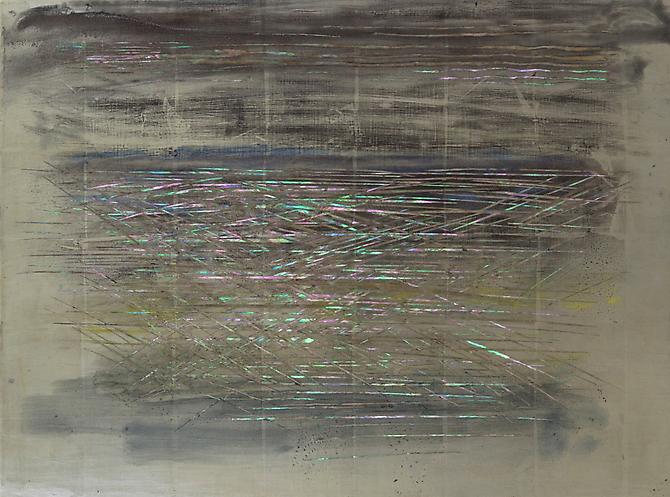 Nancy Lorenz, White Gold Water (2013)
White Gold, Mother Of Pearl, Clay, Pigment, Shellac On Panel
18h x 24w in (45.72h x 60.96w cm)