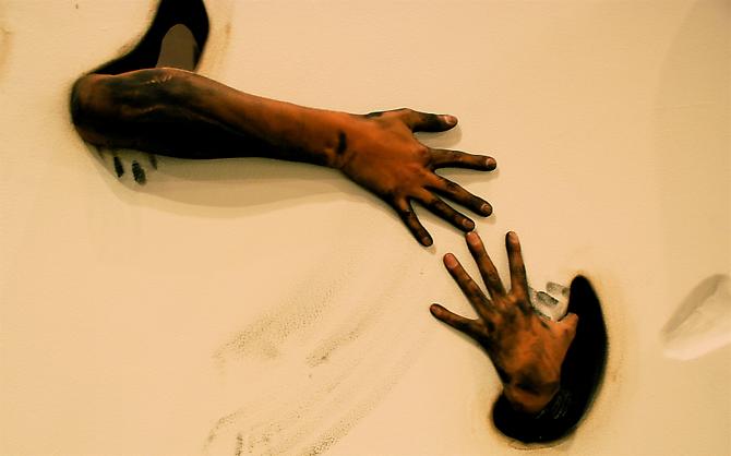 Julia Mandle 
Dirt from Lucas, James, Ethan, and Susan   2005
Four of sixty hand linens, on which Mandle embroidered a collection of texts reponding to the question "If you are upset with the way our country's headed, why are you not engaged politically?"