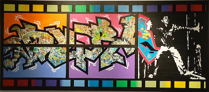 DURO, Picking Up the Pieces, 2009.
Acrylic and paint markers on canvas, 52 1/2 x 103 1/2 inches.