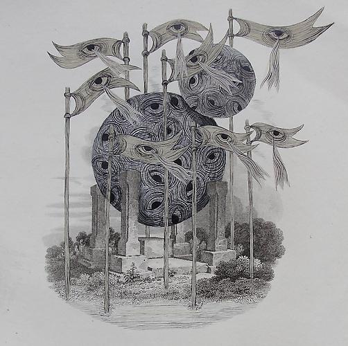 Andrew Schoultz, Unbalanced Monument (1762-2011)
Acrylic On Antique Copper Plate Etching
16h x 12w in (40.64h x 30.48w cm)