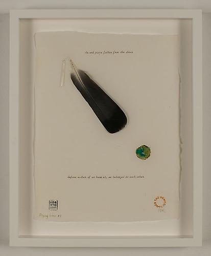 Elena del Rivero, Somosi Series-Flying Letter #1, 2009
ink, feather, needle, thread, gold leaf, gouache on abaca paper, 10.5 x 8.25 inches
