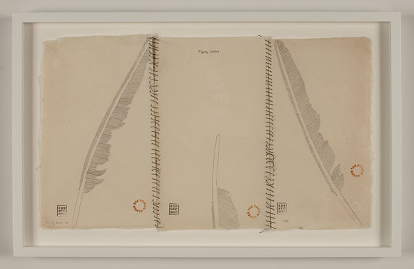 Elena del Rivero, Somosi Series-Flying Letter #1, 2009
ink, feather, needle, thread, gold leaf, gouache on abaca paper, 10.5 x 8.25 inches