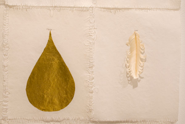 Elena del Rivero, Somosi Series-Flying Letter #3 (detail), 2009
ink, oil, gold leaf, feathers on abaca paper 32 x 25 inches