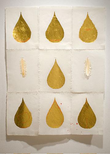 Elena del Rivero, Somosi Series-Flying Letter #3, 2009
ink, oil, gold leaf, feathers on abaca paper 32 x 25 inches