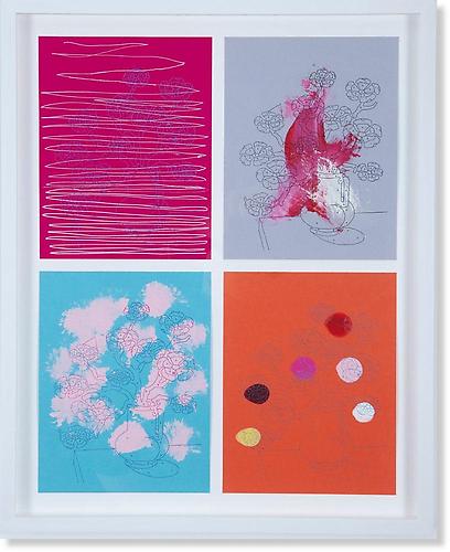 111 REASONS TO LOVE YOU (#108. Gentle).
2007, 7 x 9 inches each, 4 unique monoprints, 
letterpress, mixed media on paper. 21 x 17 inches framed.
Series of 111 sets. $500 unframed, $650 framed. 
Other sets available.