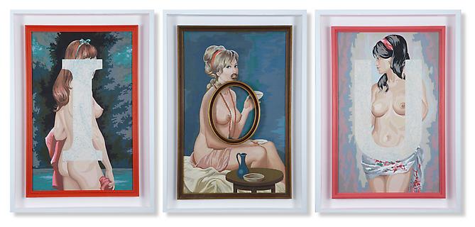 I. O. U. (Everything), 2011.
Acrylic paint on vintage paint by number panels in shadow boxes, 34 x 72 inches.
