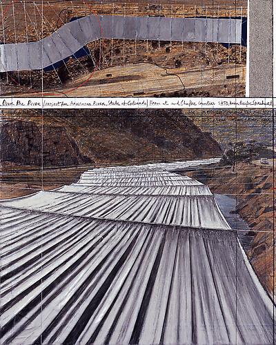 Christo and Jeanne-Claude (Photo: Wolfgang Volz)
Over The River, Project for Arkansas River, State of Colorado, 2008
Pencil, fabric, twine, pastel, wax crayon, charcoal, enamel paint, aerial photograph 
12 x 30 ½ inches and 26 ¼ x 30 ½ inches