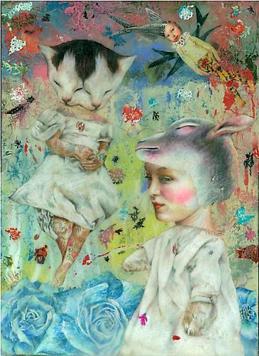 Lori Field
Blissful Ignorance
Color pencil drawing on rice paper, thread, encaustic, beeswax on panel
16 x 12 inches