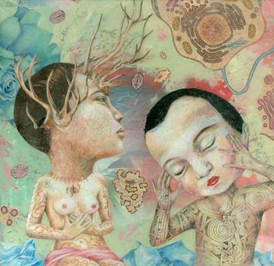Lori Field
Fantastic Voyage
Color pencil drawing on rice paper, thread, encaustic, beeswax on panel
12 x 12 inches