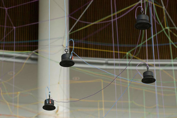  Terrain , 2007-8, detail, Indianapolis Museum of Art, speakers, wire, electronics, computer software, 12-channel recorded and composed sound track, coverage dimensions variable between 900 and 1500 square feet