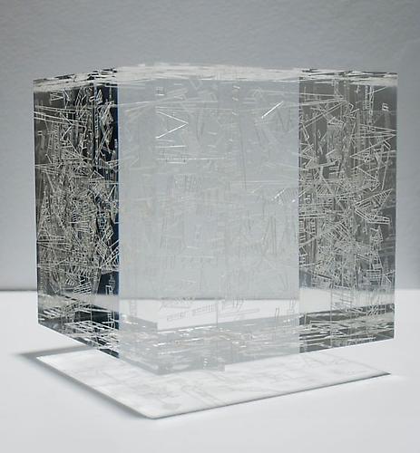 Marco Maggi, Cubic Drop, 2009
Cuts on Plexiglas, wooden shelf, 4 x 4 x 4 inches