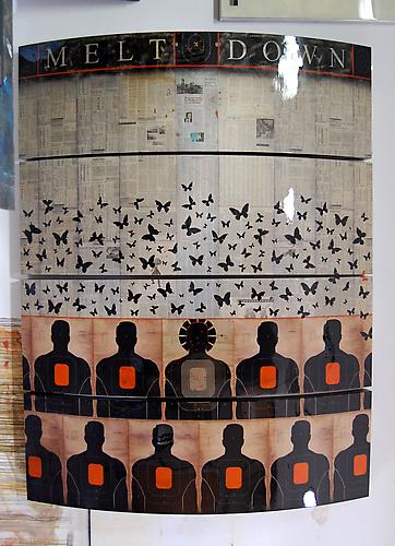 The Melt Down Kiosk, 2011
Pistol targets, market data from the wall street journal, paint, ink and resin on convex wood panel 
5 panels (four shown); 30 x 96 x 3 each
