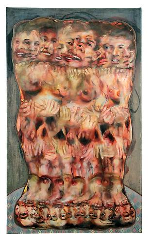 Emet Sosna 
 Meyoube , 2012
Oil, ink, acrylic, silk, on papers adhered to canvas 
60 x 36 inches