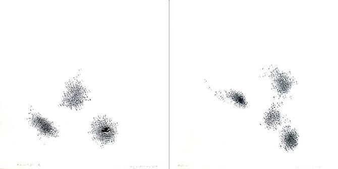  Middle Eastern Rhythms (Chifte-telli & Persian 6/8) , 2007
teflon mounted on museum board with soundtrack, two panels, 13.25 x 13.25 inches each