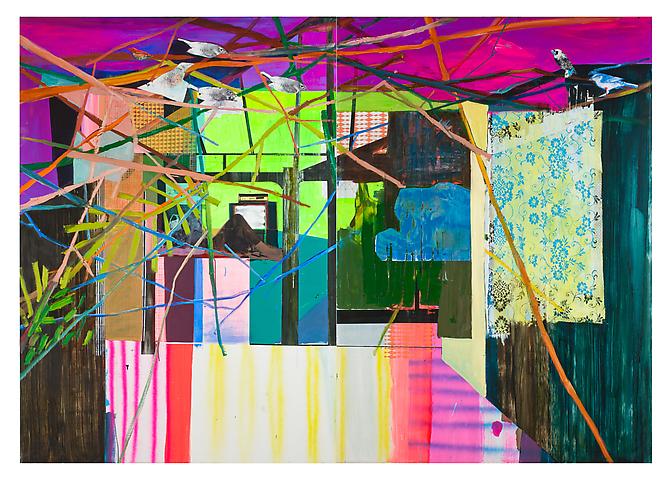  Over the Edge,  2011, silkscreen, acrylic, and oil on canvas, 84 x 120 inches