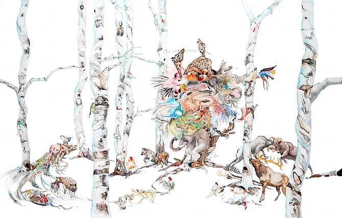 Laura Ball, Panic (2011)
Watercolor, Graphite  On Paper 
32.5h x 52w in (82.55h x 132.08w cm)