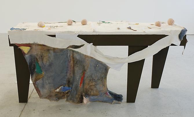 Peaches and Politics 2012 
Wood, plaster, clay, gold, 18th and 19th century silver desert spoons, oil paint
58.2 x 206 x 102 cm