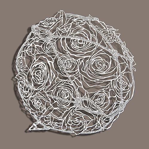 Rolling Roses, 2012
Cut paper, Chinese xuan (rice) paper on silk
14.75 x 14.5 inches