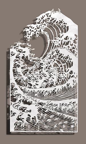 Sawing Waves, 2012
Cut paper, Chinese xuan (rice) paper on silk
10.5x19 inches