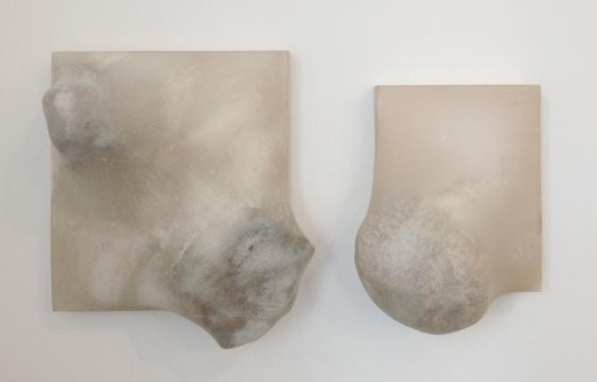 Left:  Stretch Drawing (two rocks sharp) , 2013, rocks, wood, Abaca paper, 10 x 12 x 9 inches. Right:  Stretch Drawing (pink bulge) , 2013, rock, wood, Abaca paper, 7 x 9 x 7 inches