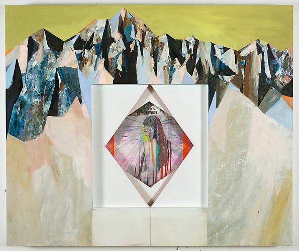  Tidings , 2011, oil on board with custom cut outs, transfers on paper with plexiglass, 45 x 38 x 4 inches