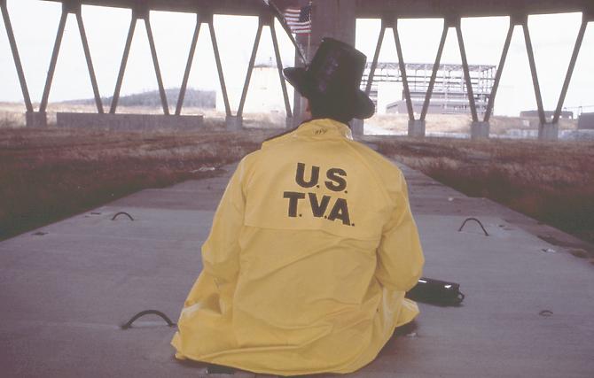 Jay Critchley, Artist at abandoned nuclear power plant, Tennessee, 1988.