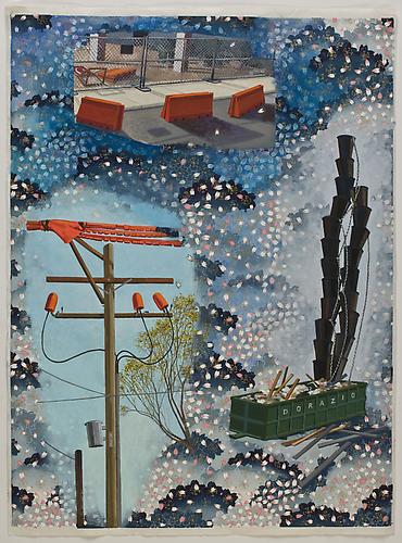 Anda Dubinskis, 2010
 At the Edge of Concrete , gouache on printed rice paper
26" x 19"