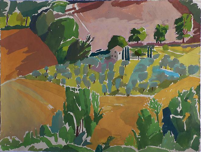 Celia Reisman, 2012
 Olive Grove Evening , gouache on paper
9.5" x 12.25"