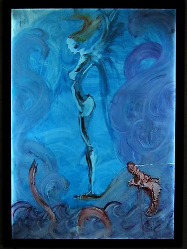 Untitled (Blue Surfer/Pink Dragon), 2010
Oil on Mylar in plexi light box
32 x 44 inches