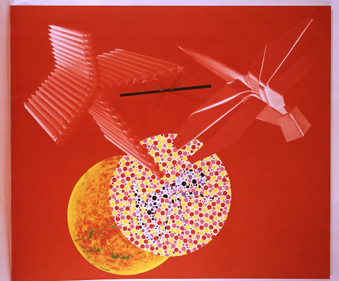 James Rosenquist, "Time Points"
1991
Oil and acrylic on canvas with clock mechanism and hands
73 x 86 inches