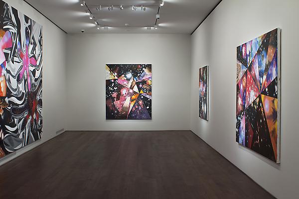 Installation of James Rosenquist, "Multiverse You Are, I Am" exhibition at Acquavella Galleries, September 10 - October 13, 2012. Left to right: "Geometry of Fire", "Sand of the Cosmic Desert in Every Direction", "Parallel Worlds", "Super Mega Universes" Image