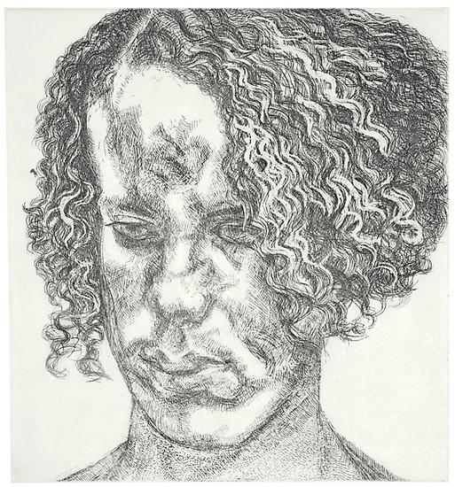 Lucian Freud, "Girl with Fuzzy Hair," 2004
Etching on Somerset white paper, signed with initials in pencil, number 5/46 (plus 12 artist's proofs), published and distributed by Acquavella LLC with full margins
Sheet: 26 1/4 x 22 1/4 inches, Plate: 17 3/4 x 14 7/8 inches