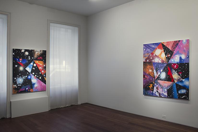 Installation of James Rosenquist, "Multiverse You Are, I Am" exhibition at Acquavella Galleries, September 10 - October 13, 2012. Left to right: "Alternative Realities", "Alternative Universe"