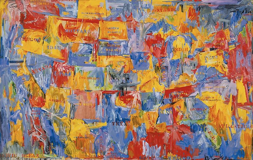 Jasper Johns, "Map," 1961. Oil on canvas, 78 x 123 1/8 inches. The Museum of Modern Art, New York.  Gift of Mr. and Mrs. Robert C. Scull, 1963. Digital Image © The Museum of Modern Art / Licensed by SCALA / Art Resource, NY / Art © Jasper Johns / Licensed by VAGA, New York, NY