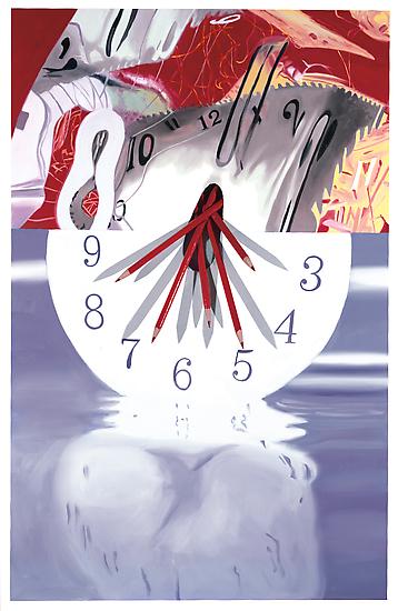 James Rosenquist, "The Hole in the Center of the Clock: Time Keeper"
2008
Oil on canvas with wooden dowels
84 x 54 x 9 inches (213 x 137 x 23 cm)