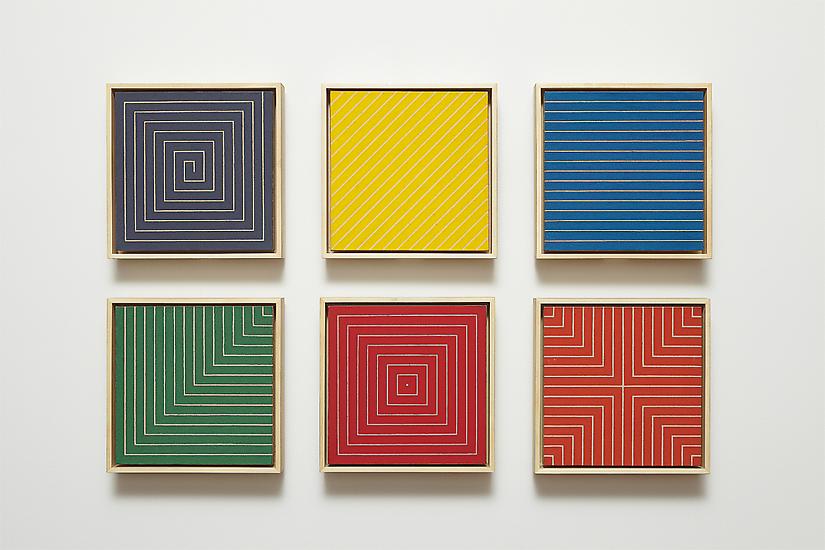 Frank Stella, "Benjamin Moore Paintings (New Madrid, Sabine Pass, Palmito Ranch, Hampton Roads, Island No. 10, Delaware Crossing), 1961, Alkyd on canvas in six parts, each canvas 12 x 12 inches