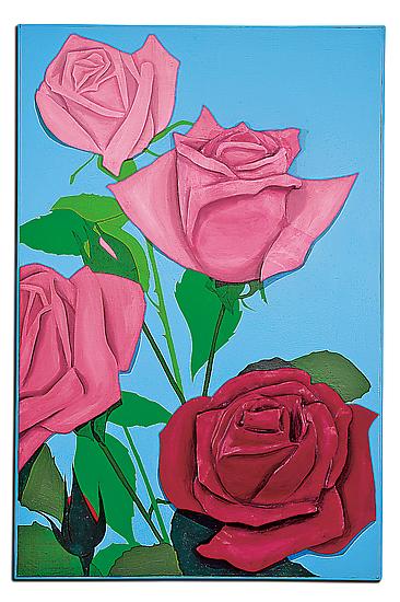 Marjorie Strider, "Red' Roses", 1962. Carved wood over Masonite panel painted over with acrylic, 63 x 41 7/8 x 7 inches. Courtesy of Hollis Taggart Galleries.