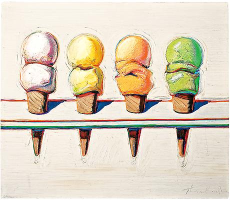 Wayne Thiebaud, "Four Ice Cream Cones," 1964, oil on canvas, 14 x 16 in. (35.6 x 40.6 cm). Collection of Phoenix Art Museum, Museum purchase - COMPAS Funds. Photo by Ken Howie / Art (c) Wayne Thiebaud / Licensed by VAGA, New York, NY Image