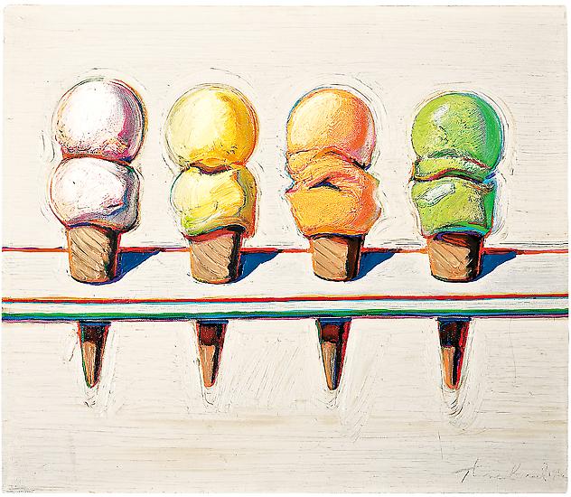 Wayne Thiebaud, "Four Ice Cream Cones," 1964, oil on canvas, 14 x 16 in. (35.6 x 40.6 cm). Collection of Phoenix Art Museum, Museum purchase - COMPAS Funds. Photo by Ken Howie 
/ Art (c) Wayne Thiebaud / Licensed by VAGA, New York, NY