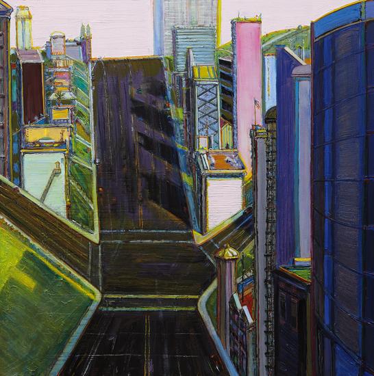 Wayne Thiebaud, "Intersection Buildings," 2000-2014, oil on canvas, 48 x 48 inches (121.9 x 121.9 cm), Art (c) Wayne Thiebaud / Licensed by VAGA, New York, NY
