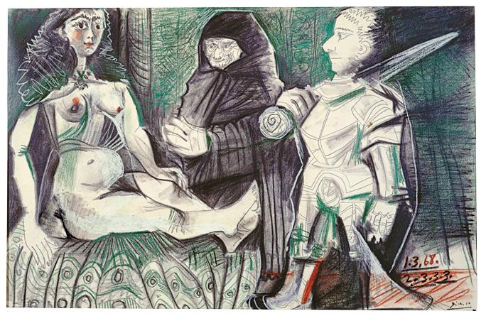 Pablo Picasso, "Courtesan and Warrior," March 1-3, 1968
Pencil, colored pencil and sanguine on paper, 19 1/2 x 29 15/16 inches