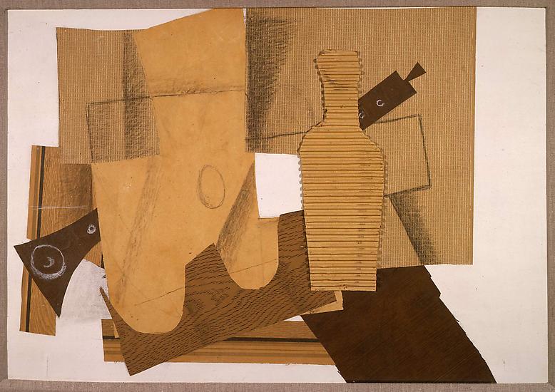 Georges Braque, "Bouteille et Instruments de Musique"
1918, Crayon, charcoal and white chalk on collaged paper and corrugated cardboard on primed board
20 7/8 inches x 29 3/4 inches