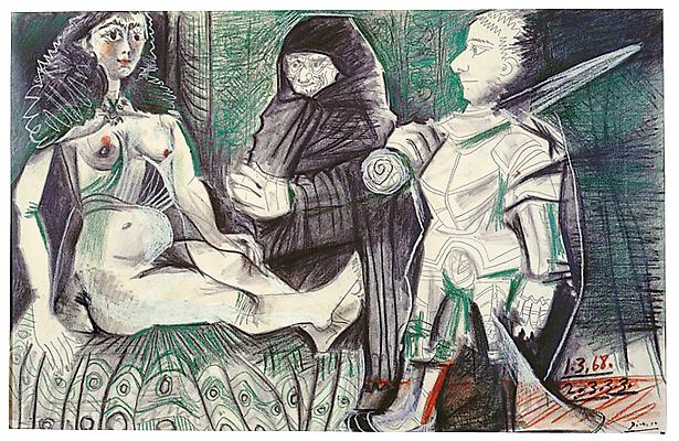 Pablo Picasso, "Courtesan and Warrior," March 1-3, 1968
Pencil, colored pencil and sanguine on paper, 19 1/2 x 29 15/16 inches Image