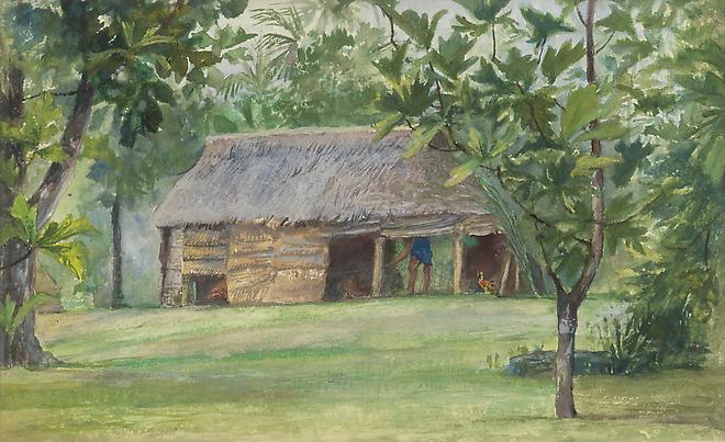 John La Farge (1835-1910)
Mataafa's Cook House, from Our Hut at Vaiala, Samoa, 1890
Watercolor and gouache on paper
6 1/4 x 10 1/8 inches Image