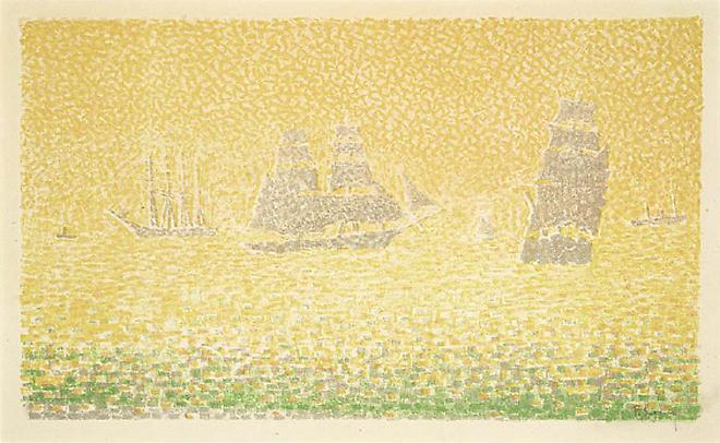 Paul Signac
Les Bateaux, 1895
Lithograph printed in colors
Image: approx. 9 1/4 x 15 3/4 inches, (23.5 x 40 cm)
Sheet: 16 x 21 inches, (40.6 x 53.5 cm)
Signed in pencil
Kornfeld/Wick 13 Image