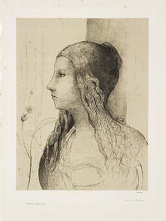 Odilon Redon
Brunnhilde, 1894
Lithograph
Image: 15 x 11 1/2 inches, (38 x 29.1 cm)
Sheet: 22 1/2 x 16 1/2 inches, (57 x 41.9 cm)
Signed in pencil
From the edition of 80
Mellerio 130 Image