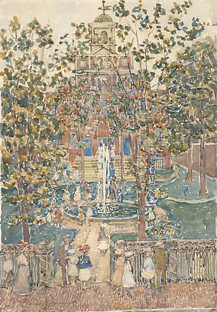 Maurice Prendergast (1858-1924)
The Bartol Church (The Fountain), c. 1900-01
Watercolor and pencil on paper
21 5/8 x 15 inches
Signed lower left: Maurice B. Prendergast / Boston Image