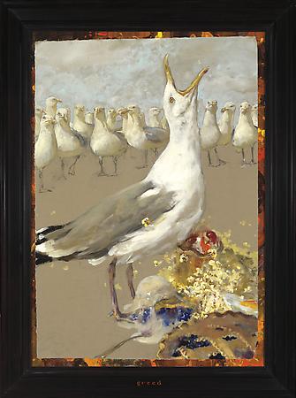 Jamie Wyeth (b. 1946)
Greed (Seven Deadly Sins), 2008
Combined mediums on hand-wove, toned paper mounted on archival board
34 1/2 x 24 1/4 inches
Signed lower right: J. Wyeth
Image