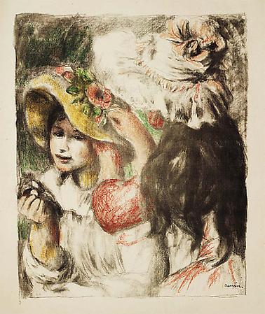 Pierre-Auguste Renoir
Le Chapeau épinglé, 2e planche, c. 1898
Lithograph on Arches paper
Image: 24 1/2 x 19 5/8 inches, (62.2 x 50 cm)
Sheet: 35 3/4 x 24 3/4 inches, (91 x 63 cm)
One of 100 impressions printed in black, of about 200 monochrome impressions printed before the edition in color
Delteil, Stella 30 Image