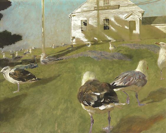 Jamie Wyeth (b. 1946)
The Monhegan Island Schoolhouse, 2007
Goauche and watercolor on toned ragboard
32 x 40 inches
Signed lower left: J. Wyeth
Image